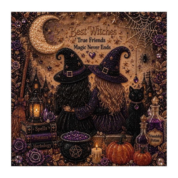 STIJGGN Halloween MagicGem Witches Diamond Painting Kit, Two Witch Friends Black Cat Pumpkin Wall Art, 8"×8" Gothic Halloween Crystal Rhinestone Picture, DIY Handmade Decor for Home Gift