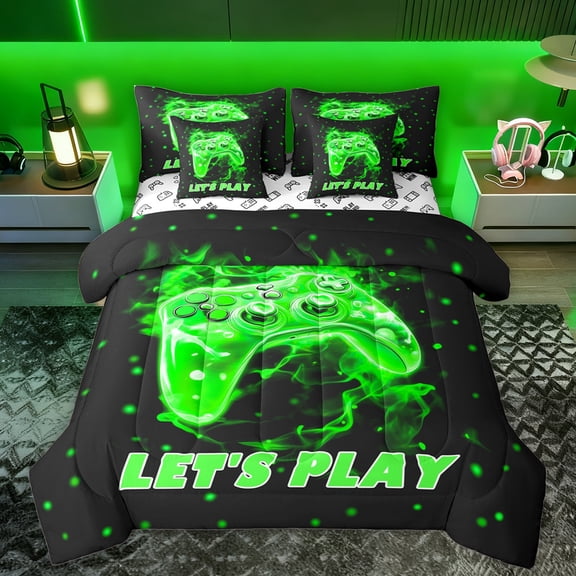 Manfei Kids Gamepad Controller 7-Piece Twin Bedding Sets,Console Video Game Bedding Comforter Set,Green Polka Dots Sheet Sets For Boys,Luxury Bedroom Decor Reversible
