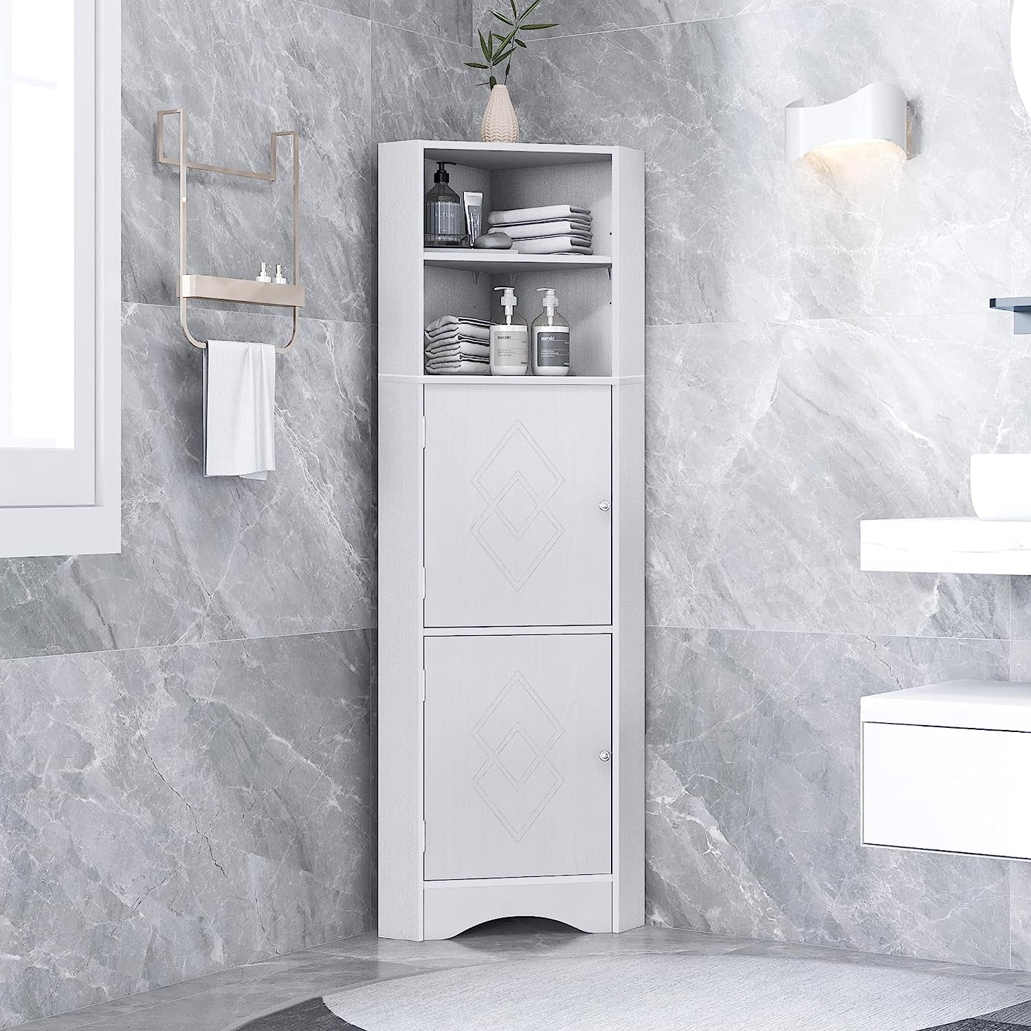 AngLink 61" Tall Bathroom Corner Cabinet, MDF Board Freestanding ...