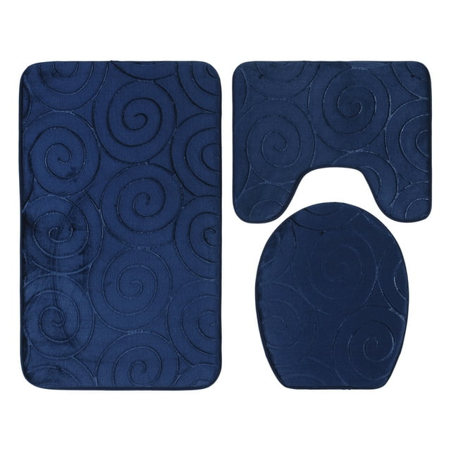 Juego de 3 alfombrillas de baño con relieve de piedra para tapa de inodoro, alfombrillas absorbentes para bañera, color azul marino