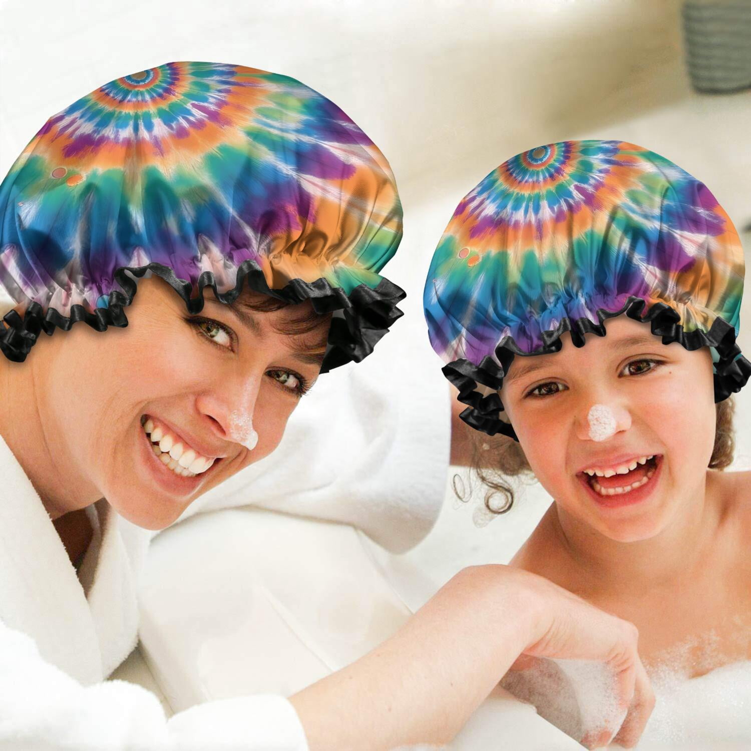 Shower Caps,Rainbow Tie Dye Mandala Pattern Waterproof Shower Cap for Women 4 Pieces,Double Reusable Hair Cover for Shower PEVA Elastic Stretch Hem