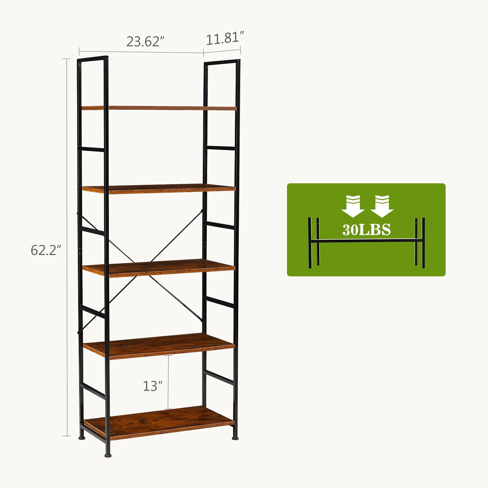 GIANNA 5-Shelf Wood and Metal Storage Shelf with Adjustable Feet, Waterproof & Scratch-Resistant, Rustic Brown