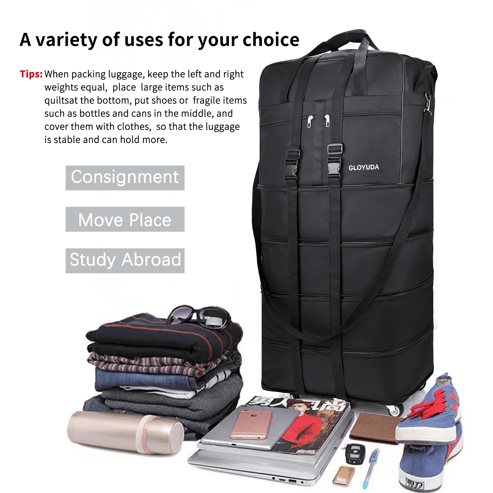 Gloyuda 42 inch Rolling Bag, Duffle Bag with Wheels, Rolling Tote Bags with Wheels, Collapsible Luggage, Travel Bag with Wheels and Handle, Roller Bag with 2 Fixing Straps and 1 Shoulder Strap
