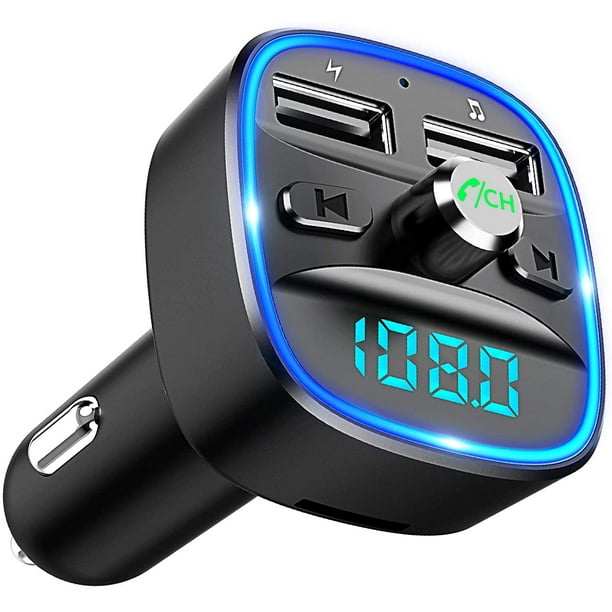 Transmisor FM Bluetooth para coche, kit adaptador de receptor de radio inalámbrico con luz ambiental azul para llamadas manos libres, cargador USB dual de 5 V/2,4 A y 1 A.