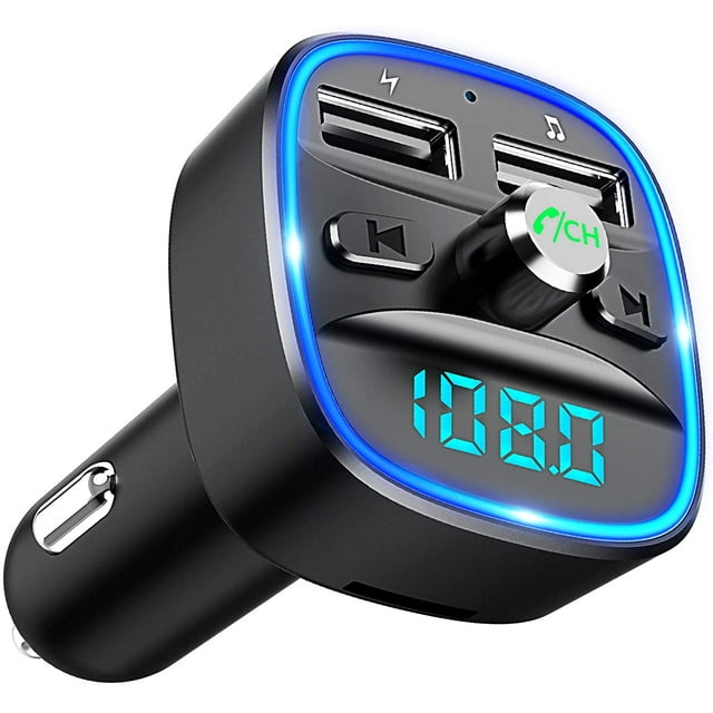 Transmisor FM Bluetooth para coche, kit adaptador de receptor de radio inalámbrico con luz ambiental azul para llamadas manos libres, cargador USB dual de 5 V/2,4 A y 1 A.