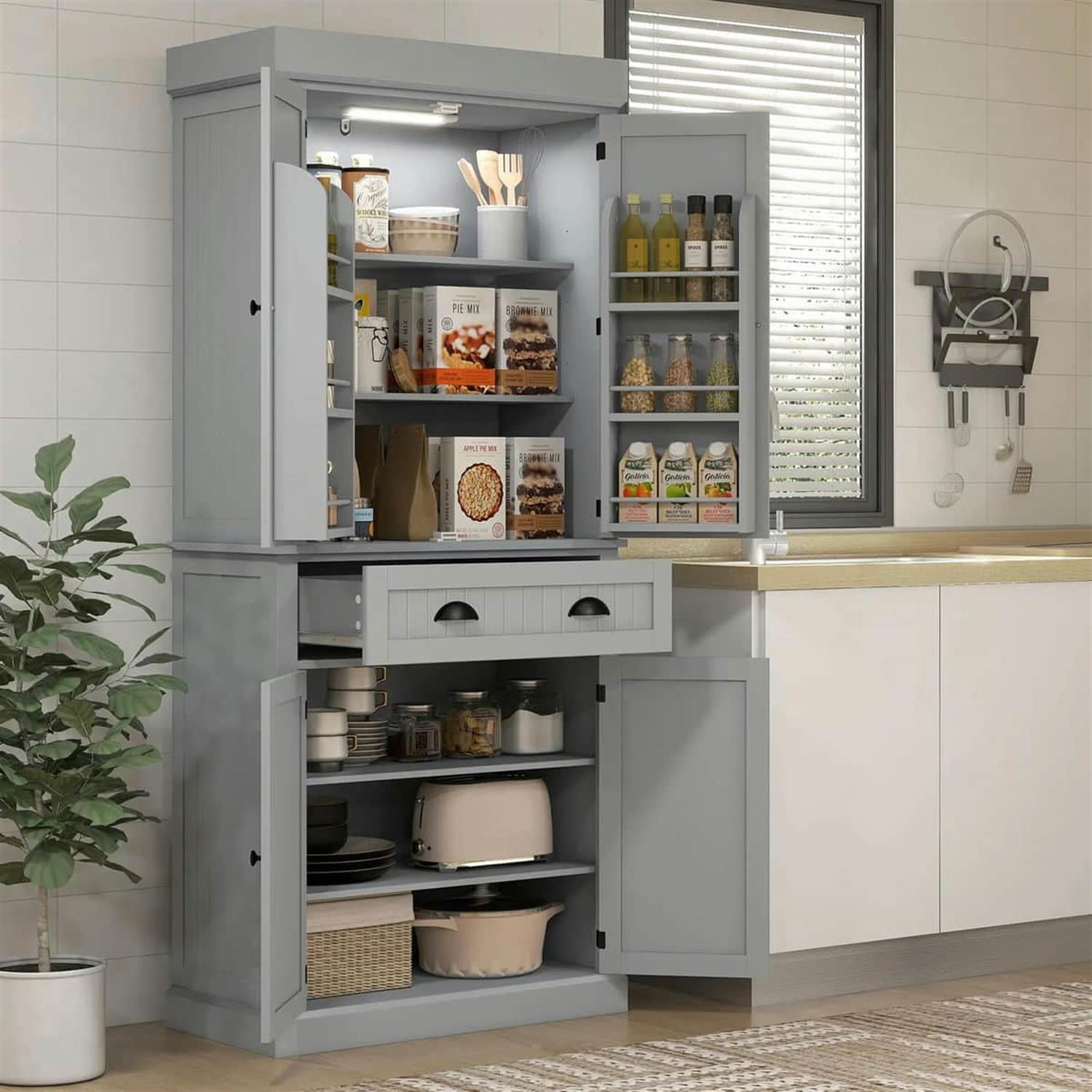 Demi Bonn 71" Large Kitchen Pantry Cabinet with LED Lights, 6 Sliding Shelves, Drawer & 4 Adjustable Shelves for Kitchen Organization, Gray