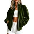 thumbnail image 2 of Smupbvky Womens Velour Zip Up Bomber Coat Stand Collar Long Sleeve Oversized Jacket Fall Winter Casual with Pockets (2XL, Green), 2 of 9