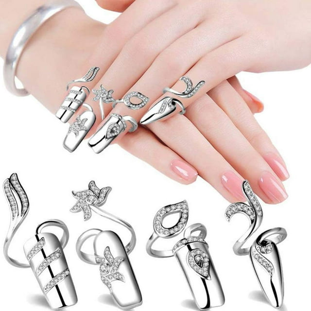 juego/4 Uds. De anillo para uñas con diamantes de imitación, punta del dedo, apertura ajustable, accesorios para decoración de uñas para mujeres y niñas, plateado