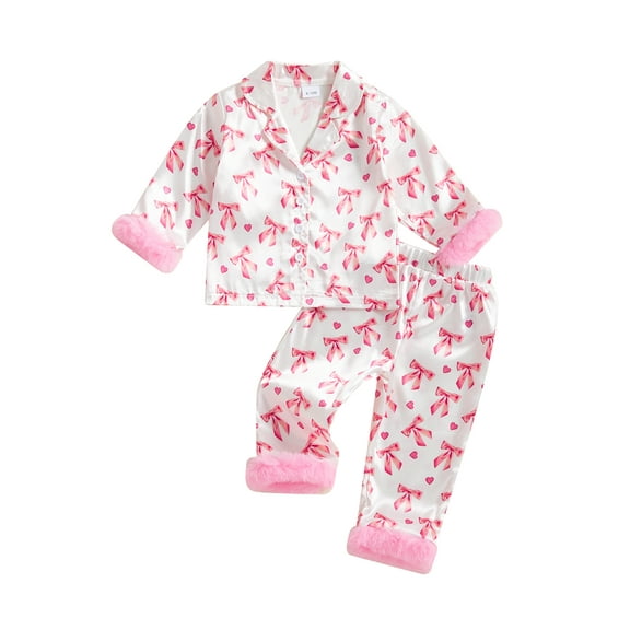 Cjfdfy Toddler Baby Girl Christmas Valentines Day Silk Stain Pajamas Set Kids Girl PJS Set Sleepwear Spring Fall Winter Clothes Bow Long Sleeve Button Down Shirt with Long Pants Set Loungewear 1-7Y