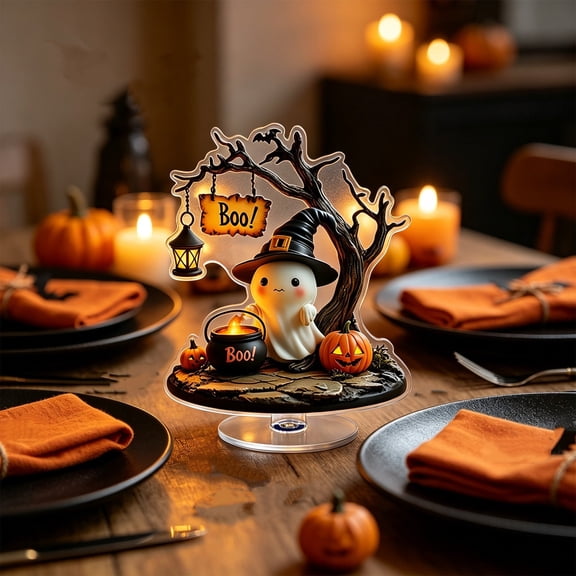 Halloween Decorations Indoor Clearance, 2D Halloween Spinning Acrylic Tabletop Figurine – Cute Ghost 360-Degree Rotating Ornament, for Mantel, Shelf, Desk & Halloween Gifts (C)
