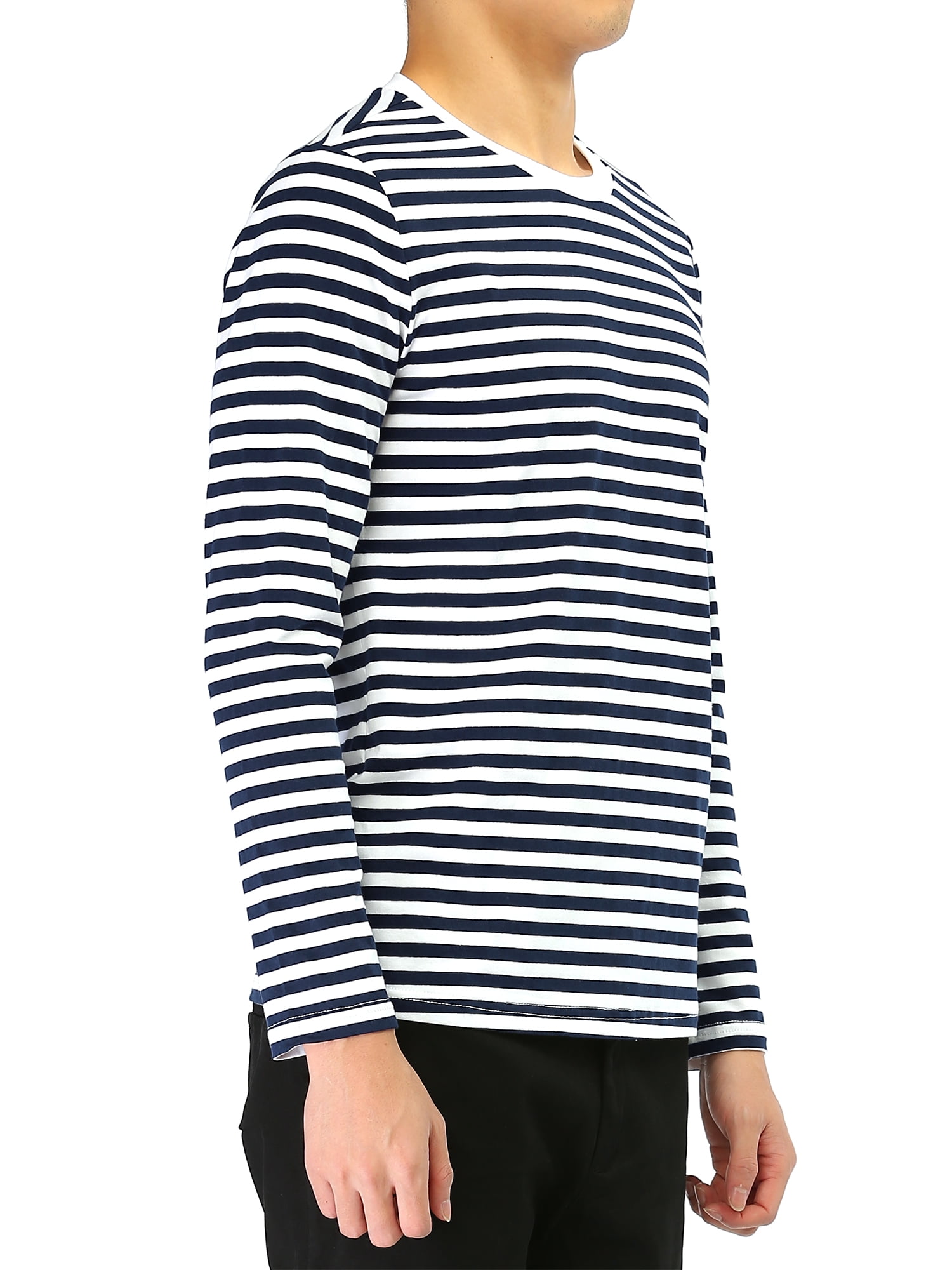 Unique Bargains Men's Long Sleeve Pullover Top Crew Neck Striped T-Shirts 42 Navy Blue