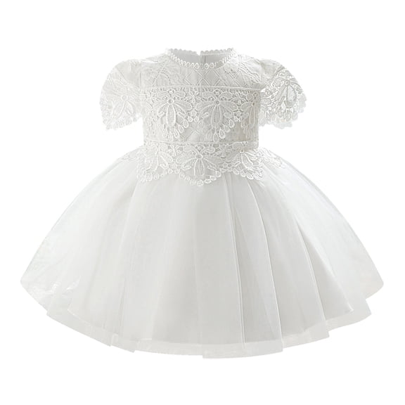 IBTOM CASTLE Baby Girl Christening Lace Tulle Dress, Newborn Floral Flower Kids Skirt, Toddler Birthday Wedding Party Princess Gown 6-9 Months White