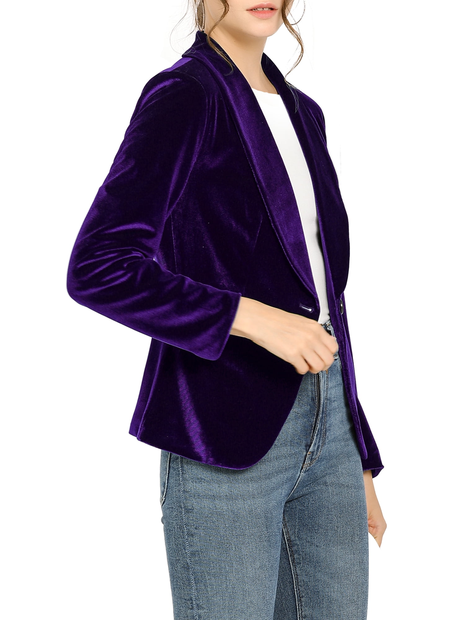 DARING DIVA Women's Velvet Office Coat Solid Shawl Collar Blazer M Deep Purple