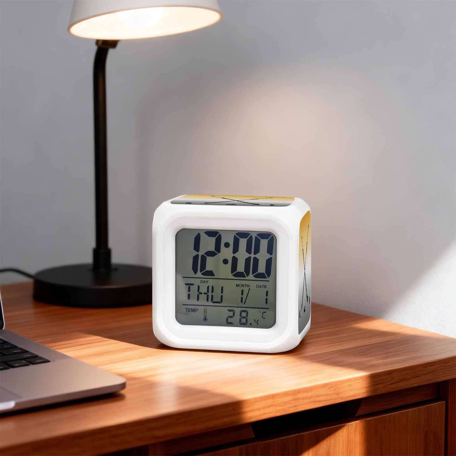 Alarm Clocks Hockey Player Digital Clock 7 Color LED Night Light Silent Non-Ticking Battery Operated Sports Ground Ombre Grey Yellow Cube Clocks for Bedroom Bedside Living Room Office School