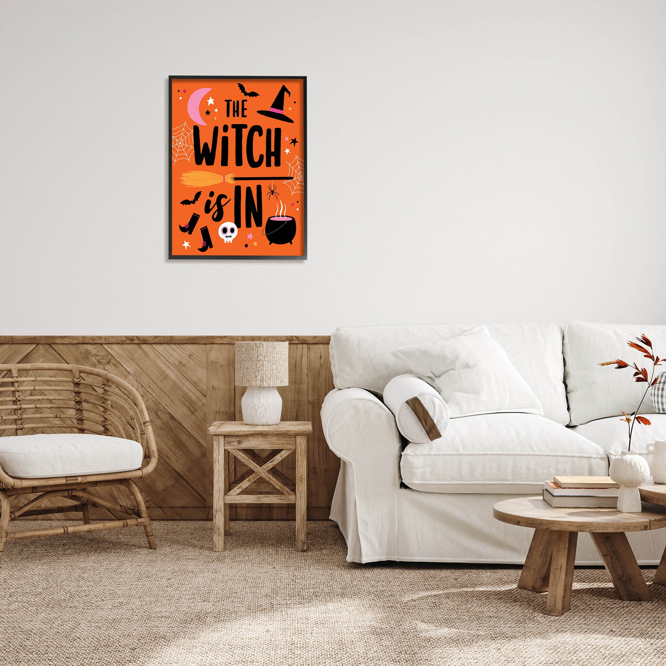 Witch Is In Bold Cauldron Phrase Holiday Graphic Art Black Framed Art Print Wall Art