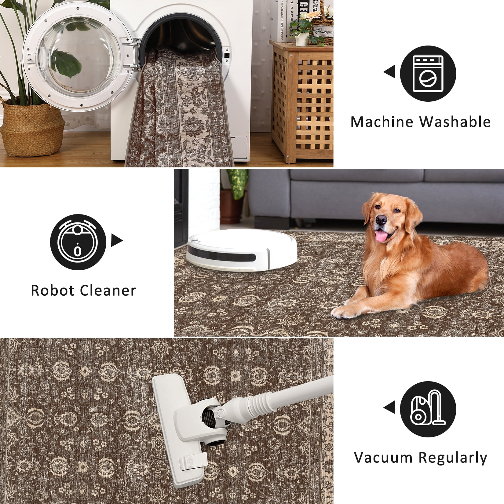 2x6 Runner Rug Vintage Floral Machine Washable Rugs, Non-Slip Vintage Boho Ultra-Thin Throw Carpet for Hallway Entryway Brown