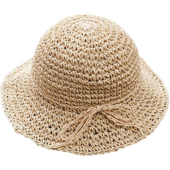 Nvzi Sombreros de sol de ala ancha plegables y flexibles para verano, sombrero de paja para playa para niños pequeños, color beige