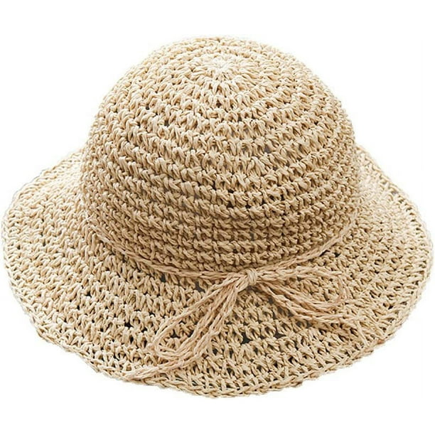 Nvzi Sombreros de sol de ala ancha plegables y flexibles para verano, sombrero de paja para playa para niños pequeños, color beige