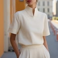 thumbnail image 4 of LEKODE Women Stand Split Collar Short Sleeve Blouse, Elegant Solid Color Work Office Casual Dress Shirt Top Basic Tees Boho Summer Tops Beige L, 4 of 6