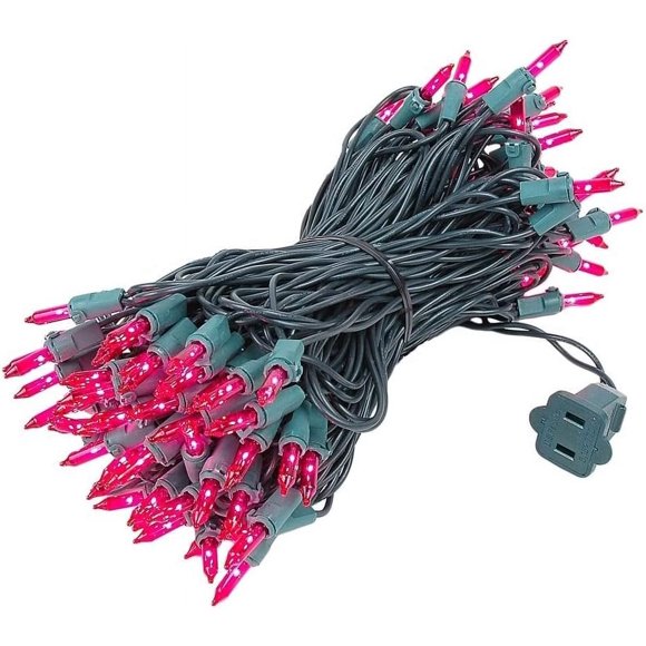 MISSUNNY 50 Feet 100 Bulbs Traditional Incandescent Mini Lights, Pink on Green Wire with 6" Spacing, Commercial Grade and UL Listed for Indoor/Outdoor Use, End-to-End Connectable