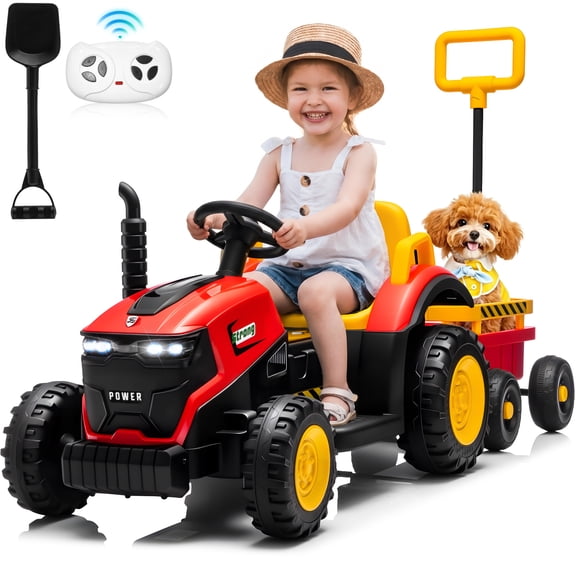 Joyracer 12V Ride on Toys, 2-in-1 Ride on Tractor with Detachable Trailer & Remote Control, Power Car Wheels w/ Shovel, Bluetooth, Music, LED Lights, Red