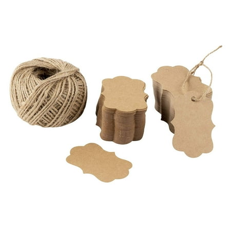 Favor Tags Labels - Gift Tags - 200-Pack Kraft Paper Tags with 200-Feet Jute Rope, Vintage Craft Hang Labels for Wedding, Birthday, Holiday, Party Favor, Brown, 2.75 x 1.97 Inches