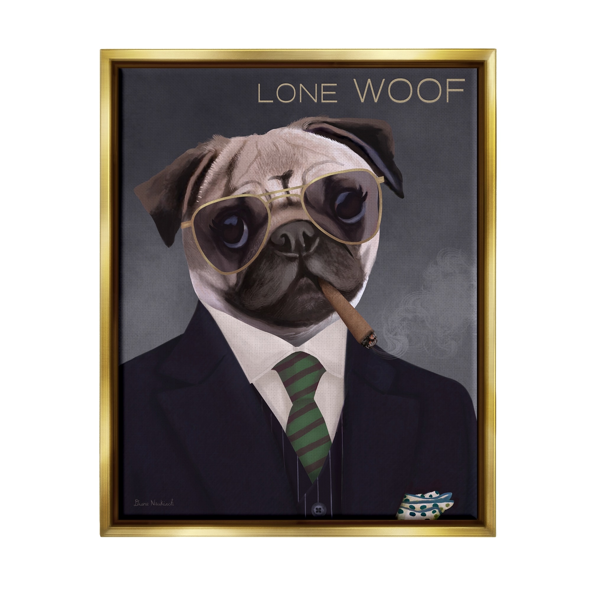 Stupell Industries Lone Woof Pug Dog Smoking Cigar Necktie Graphic Art Metallic Gold Floating Framed Canvas Print Wall Art, Design by Diane Neukirch