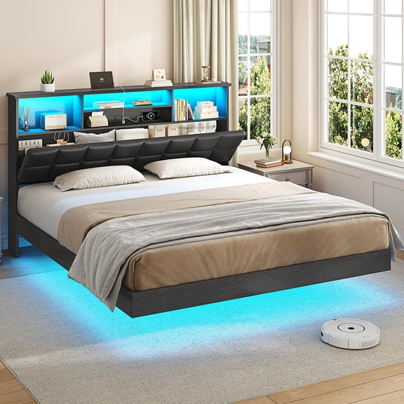 Torveric Queen Floating Bed Frame with Charging Station and LED Lighted Bookcase Headboard Metal Platform Bed PU Leather Adjustable Tufted Upholstered Bed, Black