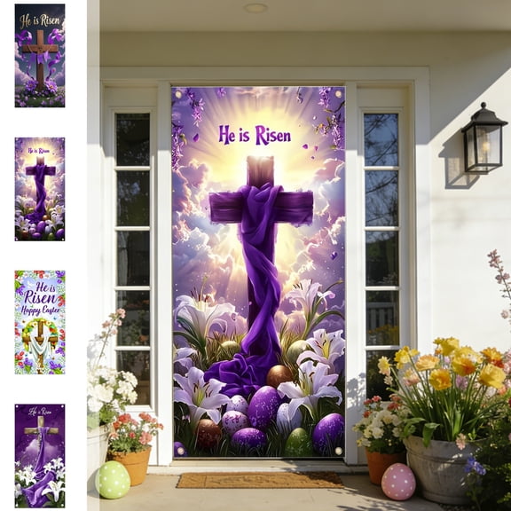 "He is Risen" Easter Door Cover,70.86x35.43in Religious Cross Door Banner Purple Lilies Resurrection Theme Hanging Photo Background,for Outdoor & Indoor Home Church Easter Decor Party Supplies