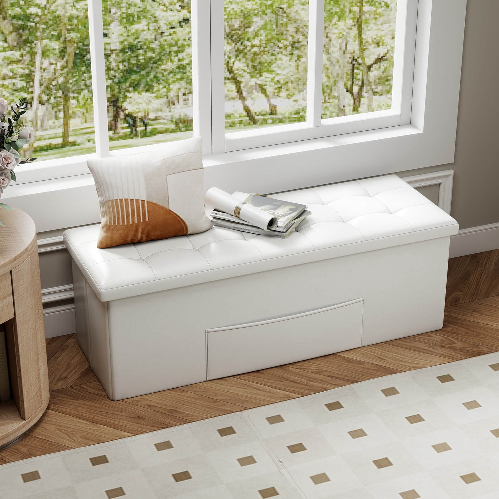 Costway 43 Inches Folding Storage Ottoman Bench Foot Rest Stool with Side Pocket White