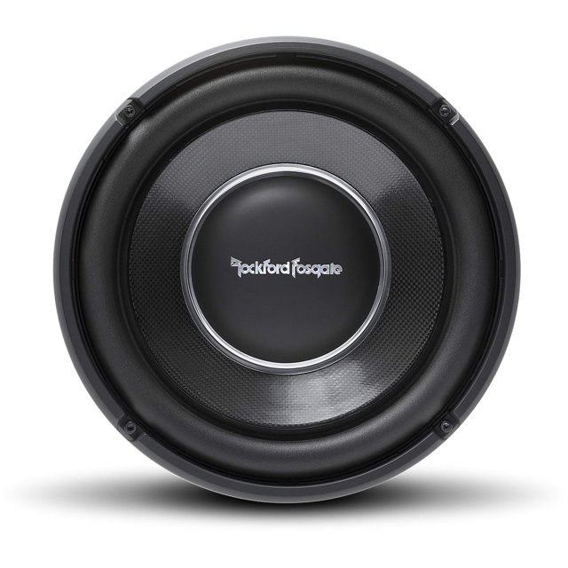 rockford fosgate t1s2-12 power 12" t1 subwoofer simple delgado de 2 ohmios vista frontal centrada de subwoofer de 12" con cono texturizado negro, borde de goma y capuchón central con logo Rockford Fosgate; profundidad de montaje de 3.0" indicada, diseñado para espacios compactos y configuración de bobina simple de 2 ohmios; también adecuado para cajones de auto compactos.