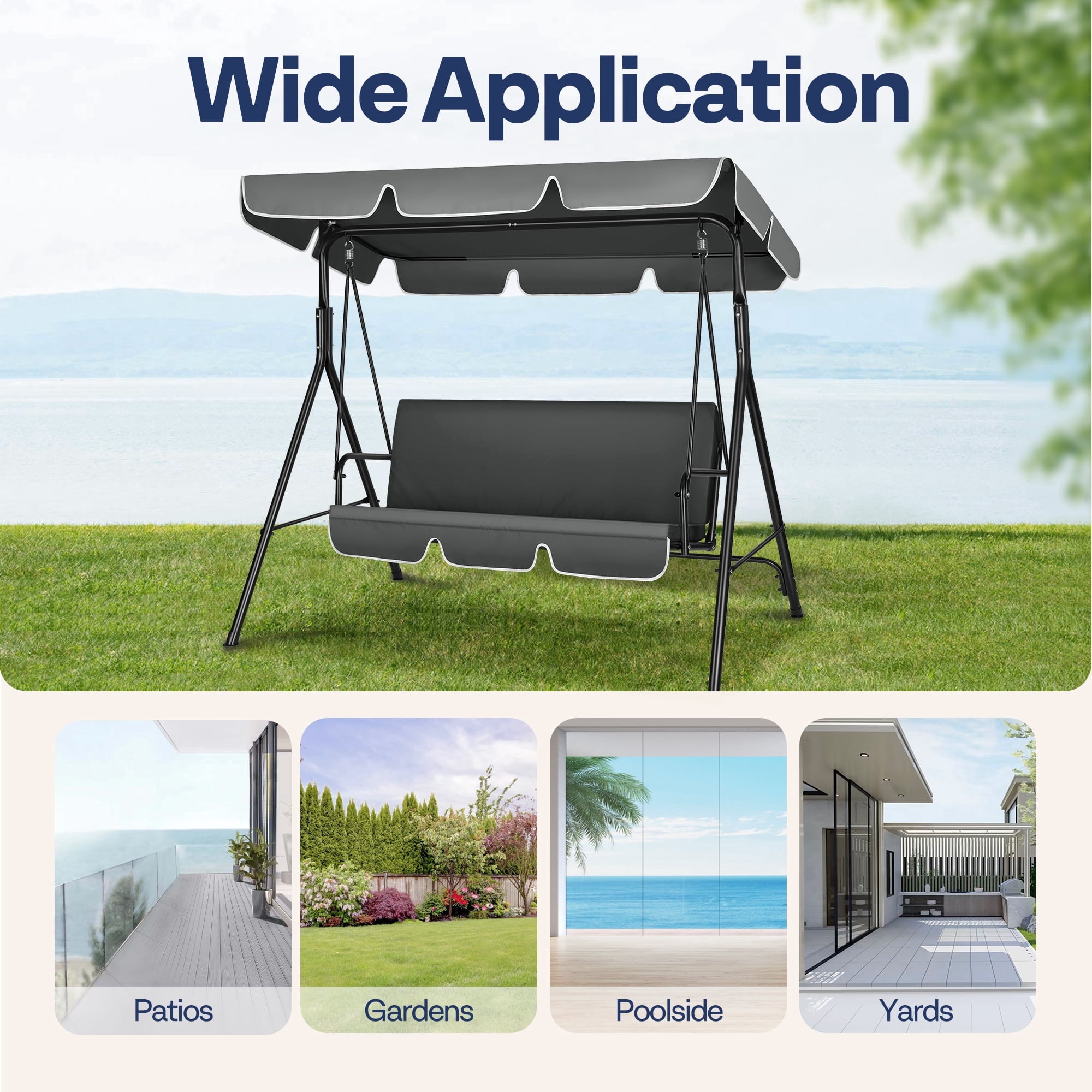 SPECSTAR 3 Seats Patio Porch Swing Chair, Converting Canopy,Removable Cushion,Cushioned Steel Frame Porch Canopy Swing Chair for Patio Garden, Gray