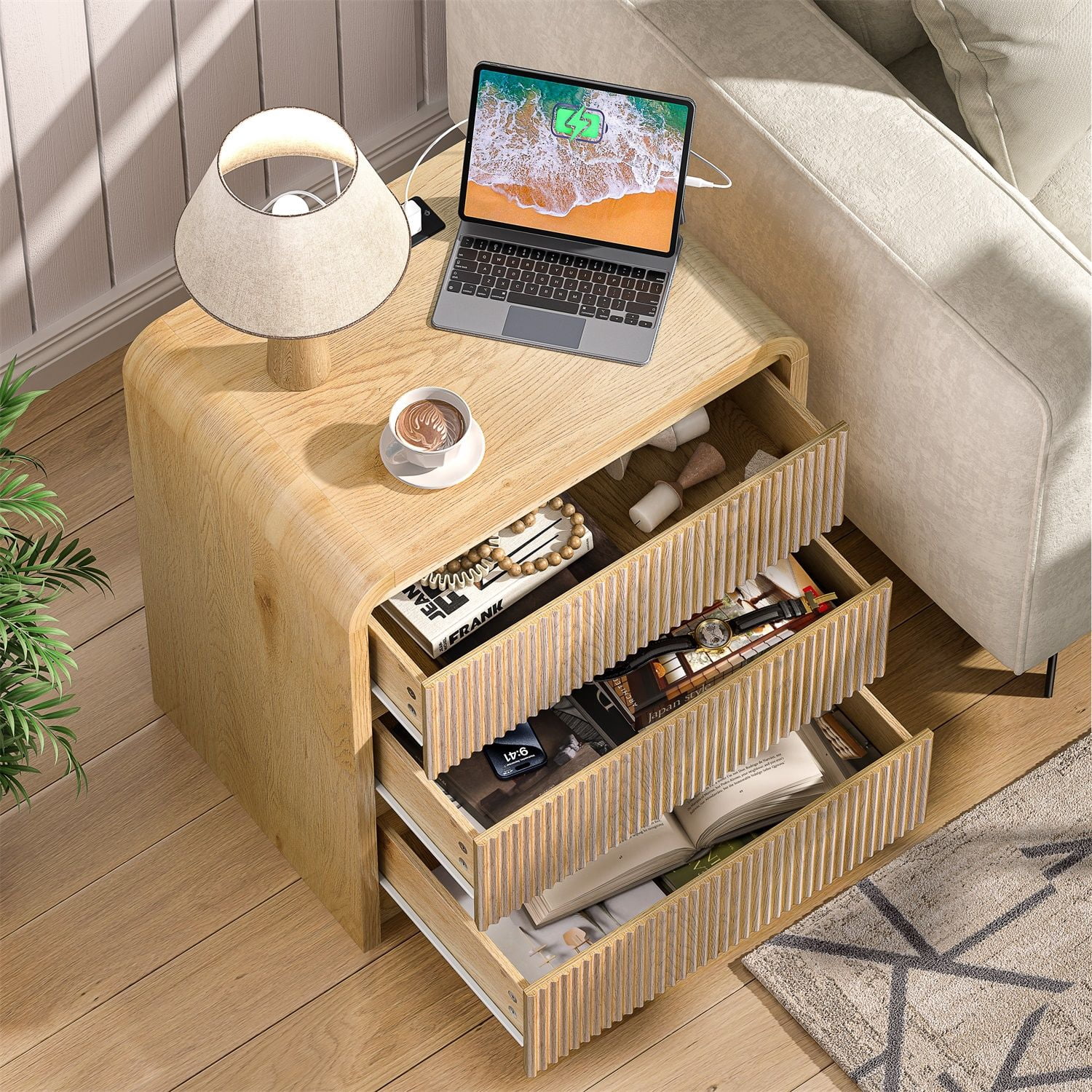 Hommoo Modern Fluted Wood Nightstand with Built-in Charging Station, 25" Tall Bedside Table with 3 Smooth-Glide Drawers, USB Ports & AC Outlets, Mid-Century Bedroom End Table, Natural