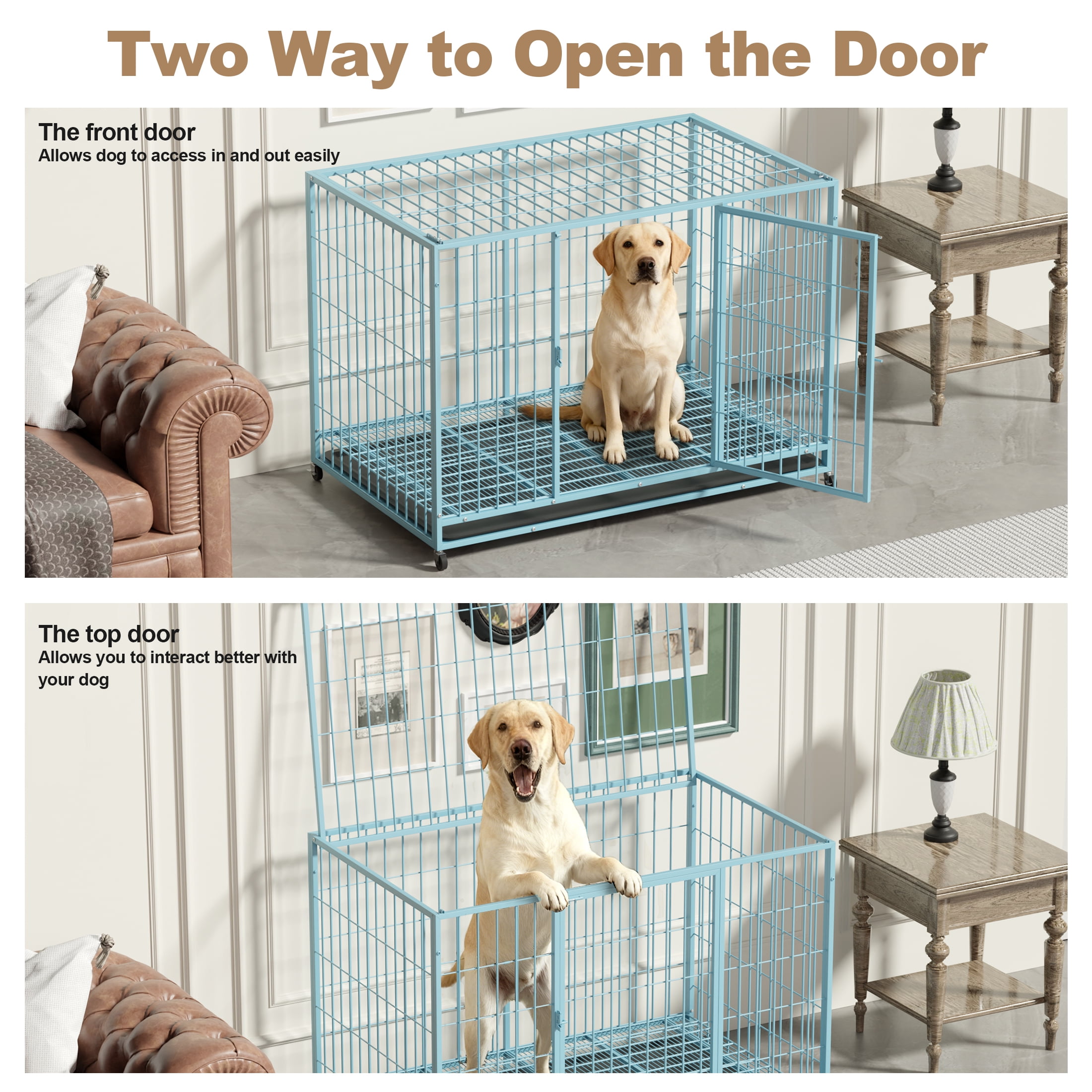TIME RAY 48 inch Metal Wire Dog Crate for Large Dogs with Tray, Double Door, Puppy Dog Cage for Yard Indoor Outdoor Use,XL Dog Cage Kennel,Blue