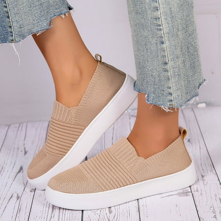 

Aayomet Women Casual Shoes for Work Leisure Women s Four Seasons Solid Non Slip Flat Round Toe Breathable Slip On Lazy Mesh Khaki 8