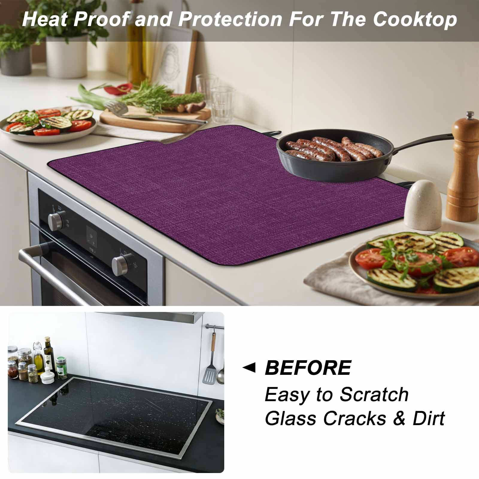 Purple Burlap Texture Stove Top Cover for Electric Stove, Heat-proof & Non Slip Glass Top Stove Cover Protector, Farmhouse Vintage Purple Kitchen Flat Cooktop Rubber Mat 24x21 Inches