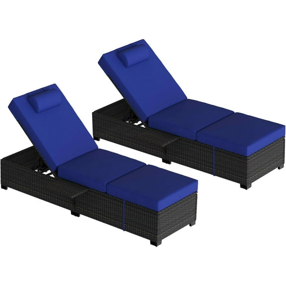 Chaise Lounge Chair Outdoor Set of 2, Wicker Patio Pool Lounge Chairs Set, Outdoor Lounge Chairs with Adjustable Backrest, Cushions and Storage Table, Blue