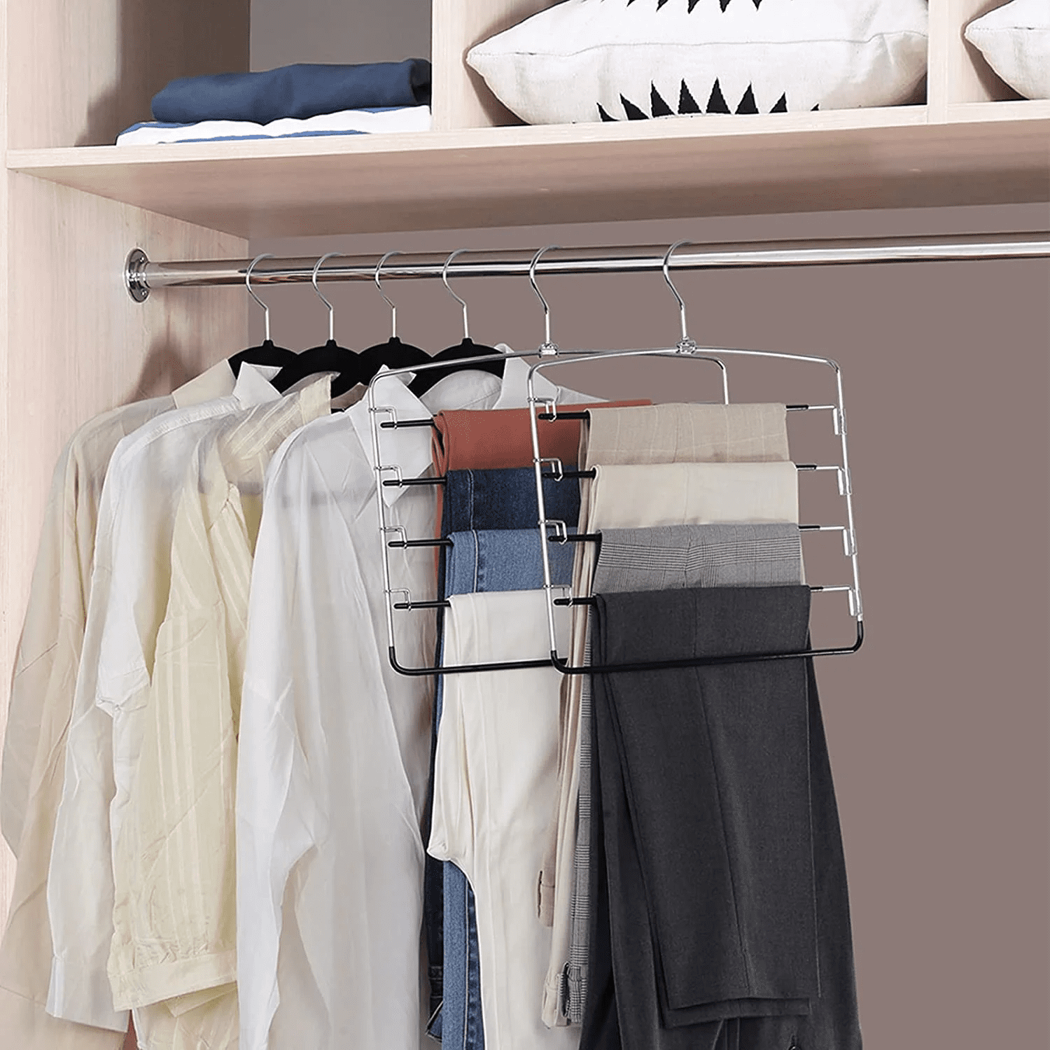 Pants Hangers Non Slip Jean Hangers Space Saving Hangers 2 Pack Multi-Layer Swing Arm Pants Hanger Closet Storage Organizer for Jeans Trouser Slack Clothes,Pants Hangers for Men (Black)