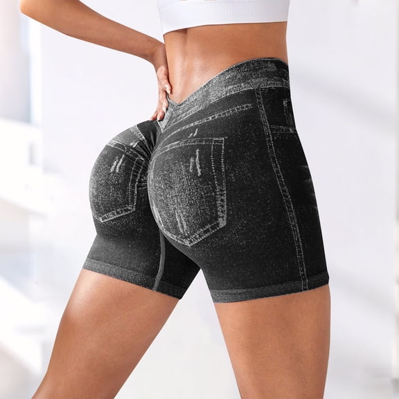 Holzkary Womens Scrunch Butt Lifting Shorts Faux Denim Gym Booty Shorts Seamless High Waist Workout Yoga Biker Jean Shorts scrunch butt shorts Black L
