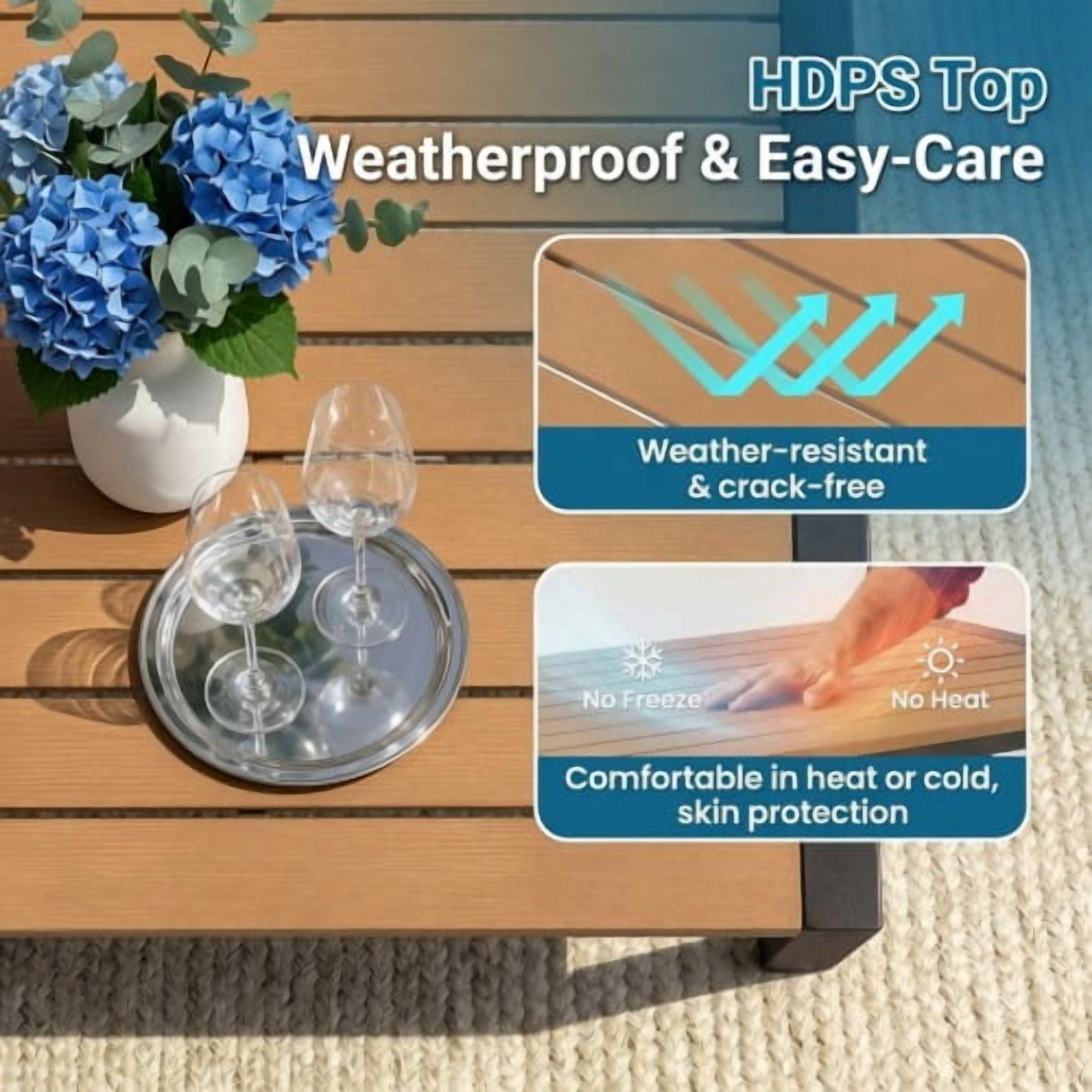 59" Grey Aluminum Heavy-Duty Rectangular Outdoor Patio Dining Table with All-Weather HDPS Slatted Top & Rust-Resistant Frame