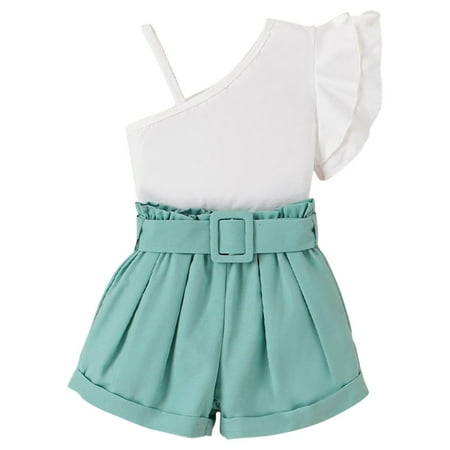 

Spring Summer Toddler Girls Suit Slanted Shoulders Spaghetti Straps Flying Sleeve Top + Shorts + Belt 3PCS Set Children Aged 4-7 Kids Child Clothing Streetwear Dailywear Outwear