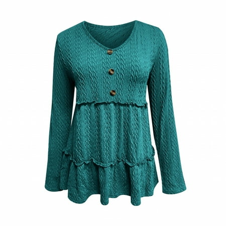 Fimkaul Women s Shirts Winter Fall Long Sleeve Casual Tops V Neck Solid Button Stitching Fashion Loose Top T-Shirts Mint Green L