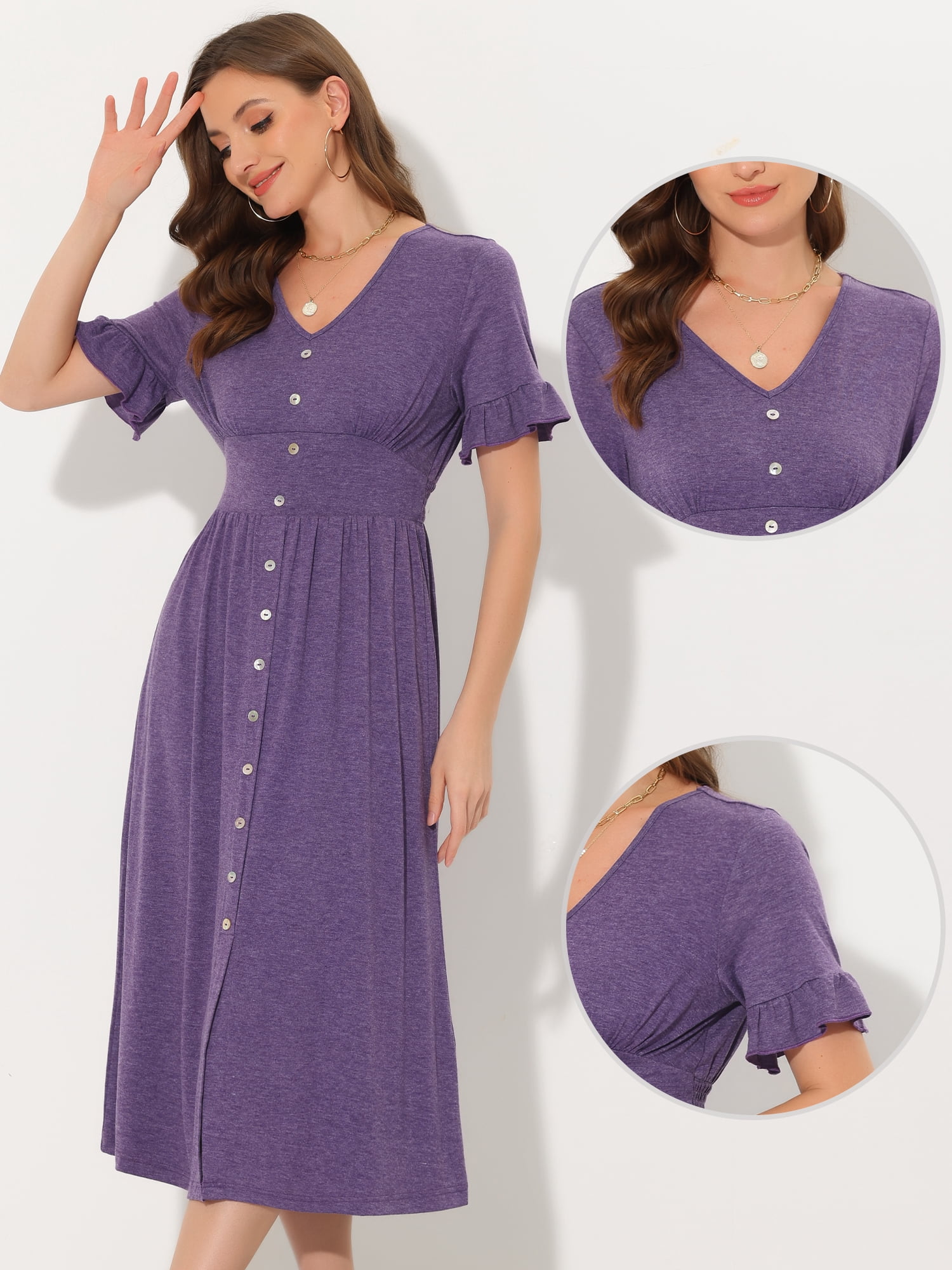 Unique Bargains Women's V Neck Button Flutter Sleeve Smocked High Waist Midi Dress S Purple
