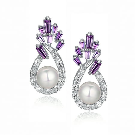Purple Pearl Necklace Earring (Shell Pearl W. Purple Baguette and Clear Round Cubic Zirconia Earrings for Women Girls White Gold)