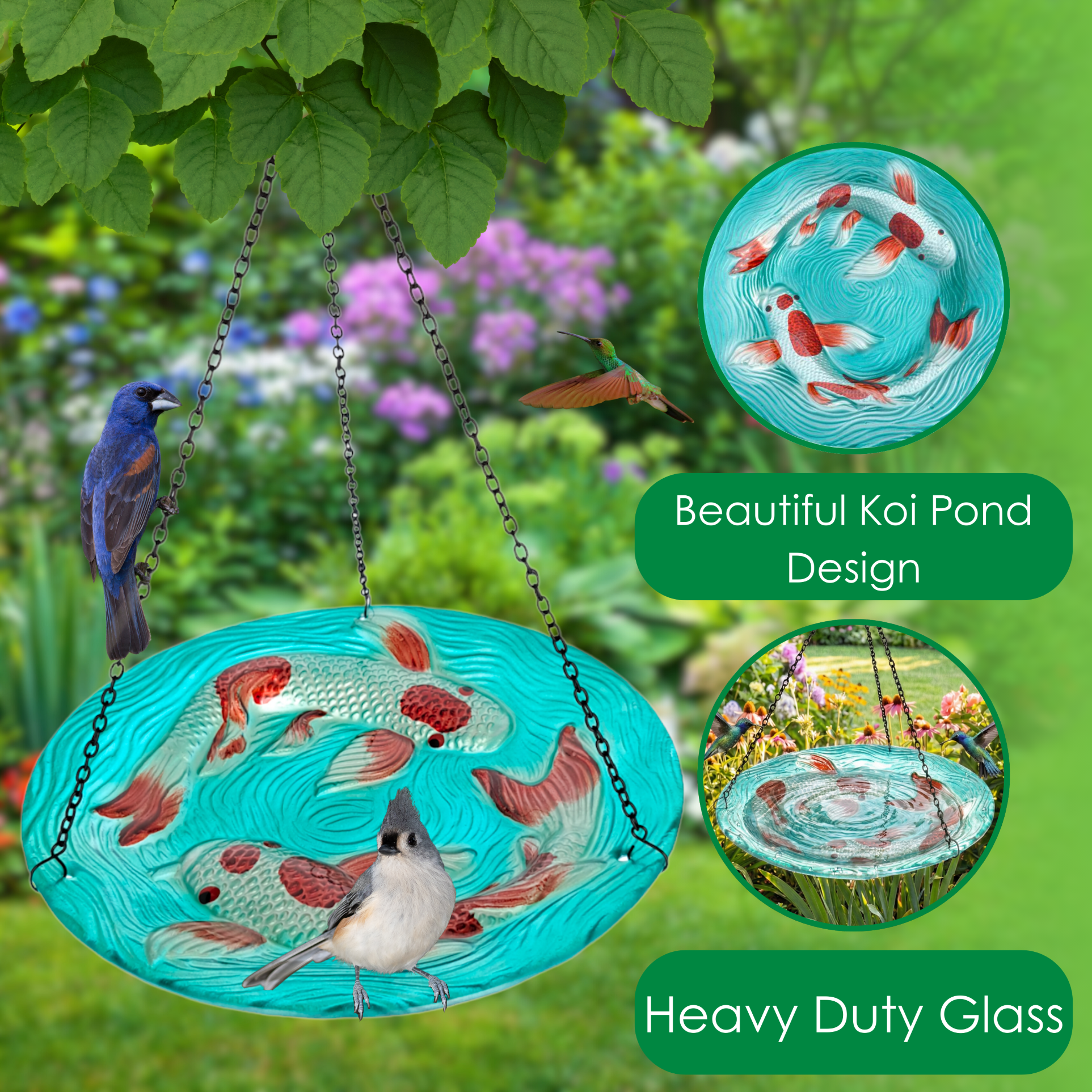 Songbird Essentials Outdoor Bird Bath, Hanging Glass Birdbath, Koi Pond 13in Round