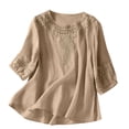 thumbnail image 4 of ClodeEU Women's Embroidered Linen Blend 3/4 Sleeve Boho Set,Casual Solid Color Wide Leg Pants Two Piece Outfit Khaki,Women's Plus M, 4 of 6