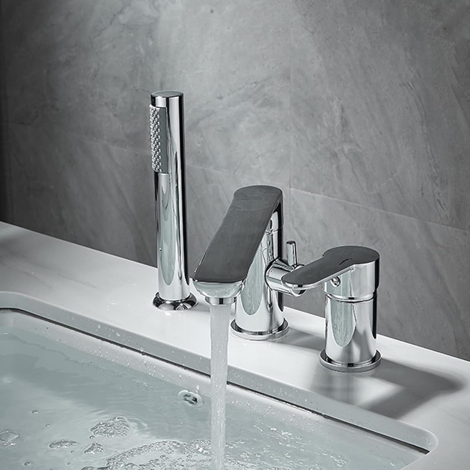 Waterfall Bathtub Faucet Roman Tub Filler, Contemporary Bathroom Widespread Long Spout Faucet with Handheld Shower, Single Handle 3 Hole Deck Mount