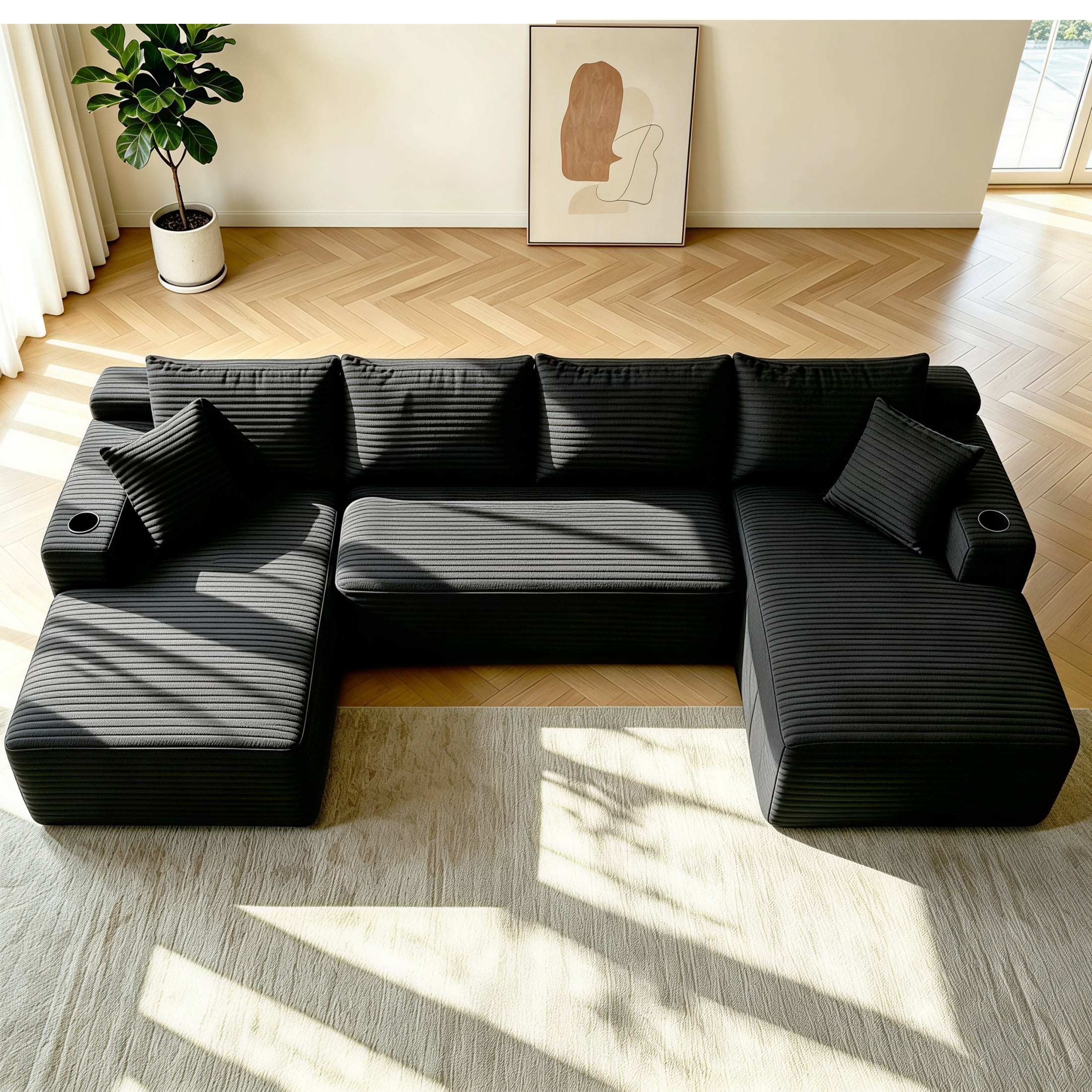 ShiKeyi 134" Modular U-Shaped Cloud Sofa, 5-Seater Corduroy Sectional Couch with Deep Seats Double Chaise & Soft Boneless Design, Black