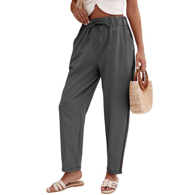 Pantalones de con Cordón Ajustable para Mujer, Pantalones de Playa de Verano con Cintura Elástica. Gris S