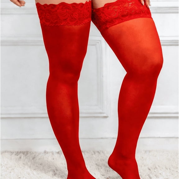 suxuMhao Soft Sheer Thigh High Stockings, Plus Size Lace Top Stockings with Non-Slip Design, Thin stockings, Stay Up Large Size XL Stockings, Comfortable Sheer Hosiery, 2 Pairs Red